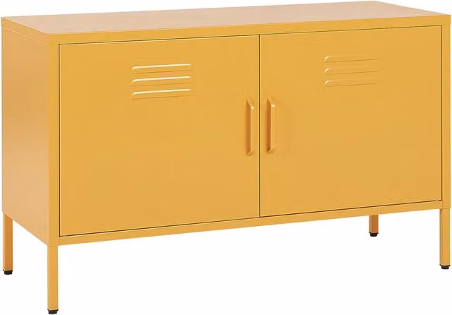 Credenza Beliani in acciaio giallo con 2 ante e mensole interne, design industriale per casa e ufficio, L: 100 cm, P: 40 cm, H: 65 cm