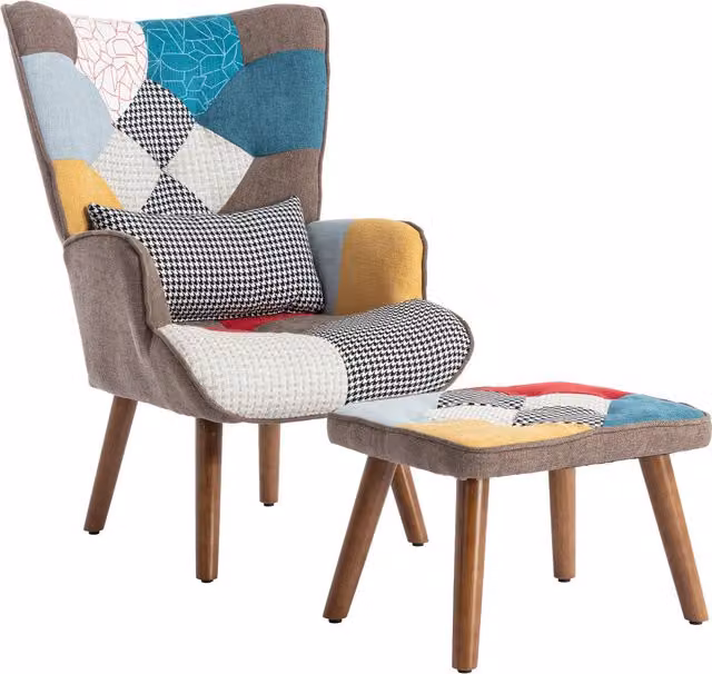 Poltrona Relax Moderna con Poggiapiedi Aosom Italy, Seduta Ergonomica in Tessuto Multicolore con Struttura in Legno e Metallo per Soggiorno