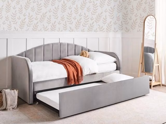 Letto estraibile Beliani in velluto grigio con struttura imbottita e cassetti, L/P/H: 90 x 200 x 59 cm