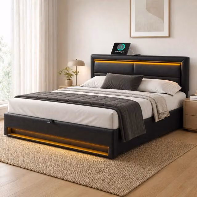 Letto contenitore Mivray rivestito in ecopelle nera con illuminazione LED 12 colori, ricarica USB e wireless, L/P: 140 x 200 cm