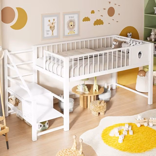 Letto a soppalco basso per bambini WISHDOR in metallo bianco con scala contenitore e scomparti laterali L/P/H: 200 x 90 x 160 cm