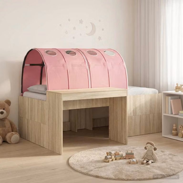 Letto per bambini vidaXL con tunnel e scomparti laterali in legno ingegnerizzato, Rovere e Rosa, L: 120 cm, P: 203 cm, H: 133,5 cm