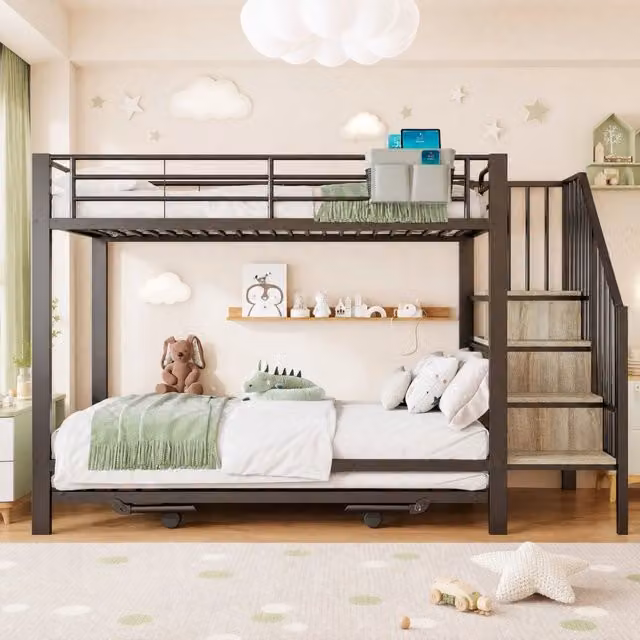 Letto a castello Mivray per bambini in metallo nero con letto estraibile e gradini contenitore L/P/H: 200 x 90 x 164 cm
