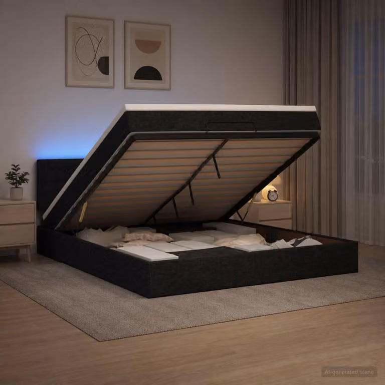 Letto Ottomano vidaXL con Materasso Ibrido e Illuminazione LED Sotto il Letto, Colore Nero, L/P/H: 140 x 190 x 88 cm