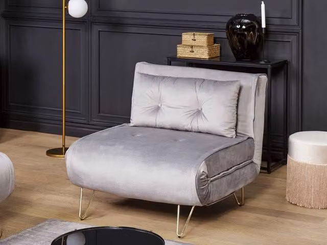 Divano letto pieghevole BELIANI in velluto grigio con gambe in metallo dorato e cuscino stile glamour