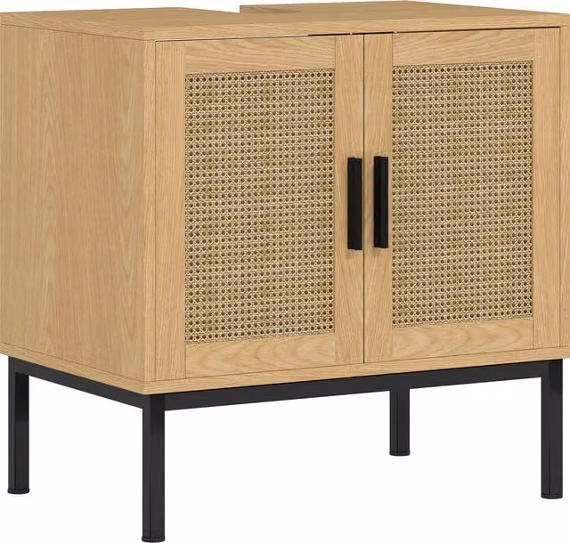 Mobile sottolavabo kleankin in stile boho con elementi in rattan e finitura rovere