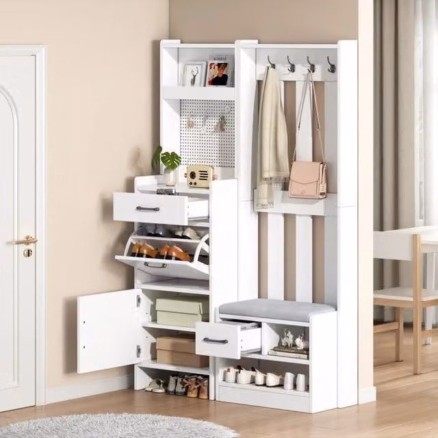 Set di mobili da ingresso Mivray con panca per scarpe, 2 cassetti e 7 ganci, bianco opaco, L 110 cm x P 35 cm x H 175.5 cm