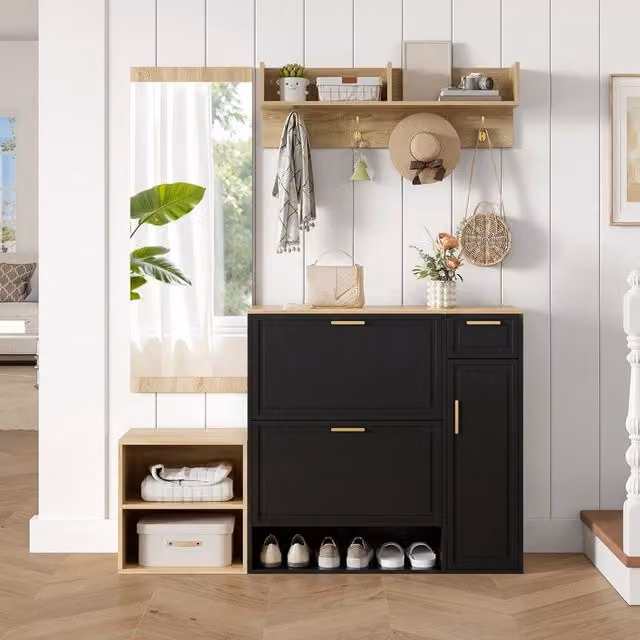 Set guardaroba ingresso Minimal moderno in legno nero composto da scarpiera, panca, appendiabiti a muro e specchio, L/P/H: 139.5 x 35 x 166 cm