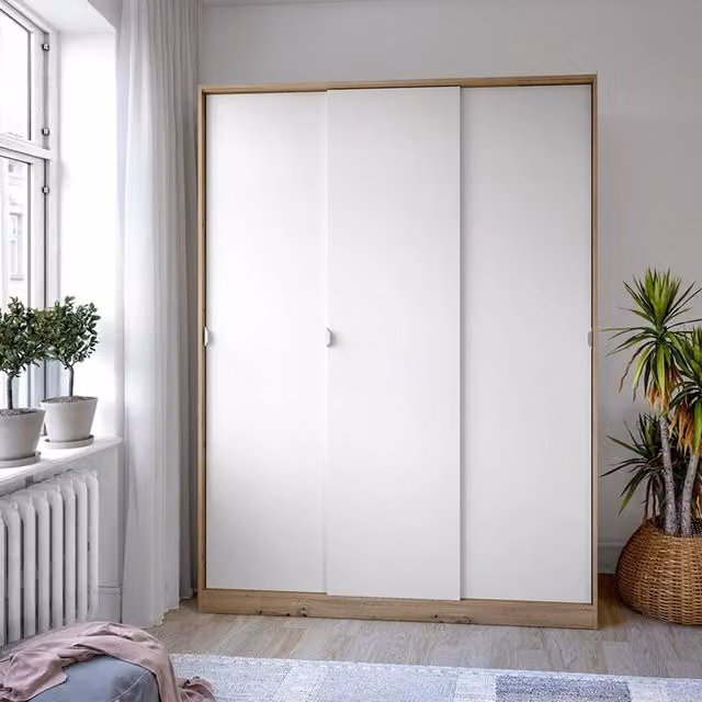 Armadio moderno DMORA per camera da letto con ante scorrevoli e ripiani interni, finitura rovere, L: 150 cm, H: 200 cm, P: 50 cm