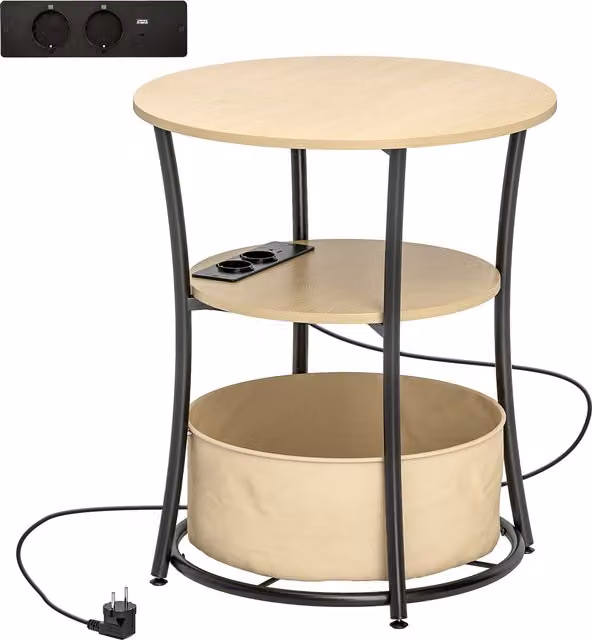 Tavolino da salotto rotondo HOMCOM con 3 ripiani, ricarica integrata e sacca, Legno naturale, Ø50 x H 55,1 cm