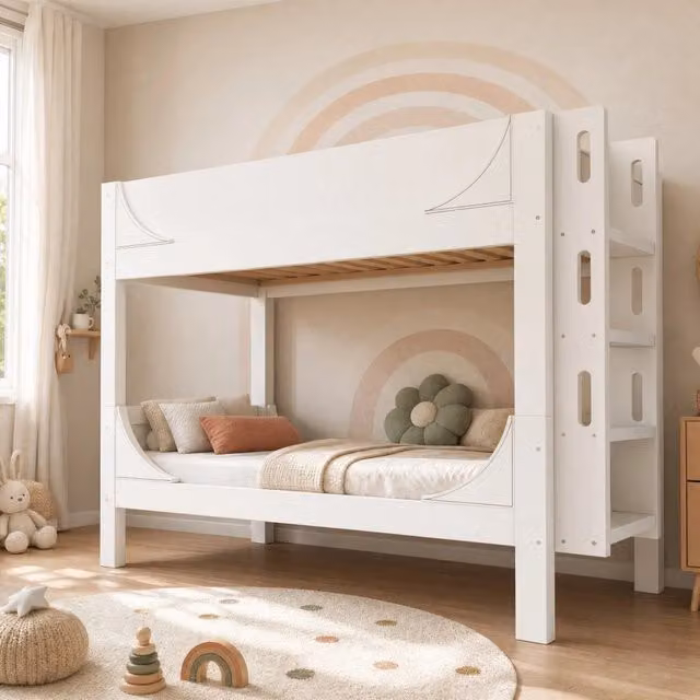 Letto a castello Mivray a 2 livelli in legno e MDF bianco con scala reversibile e struttura separabile L/P/H: 214 x 90 x 200 cm