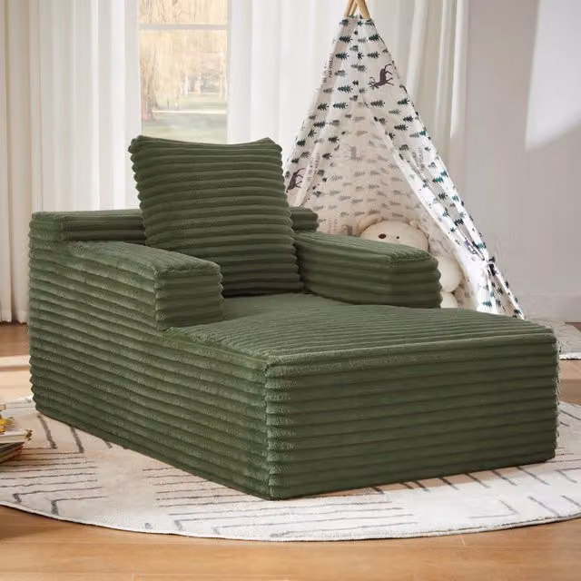 Chaise longue OKWISH in velluto a coste verde con imbottitura mista e funzione letto per soggiorno o ufficio