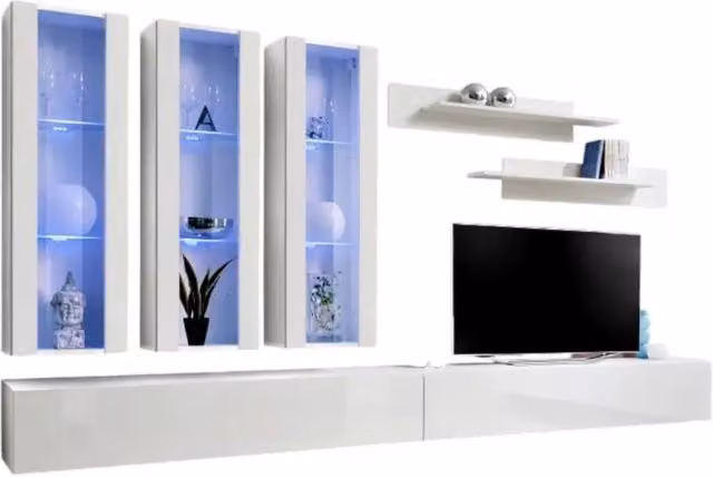 Composizione murale FLY E3 Meublorama - Mobili TV sospesi, vetrine con LED e mensole - Bianco lucido - Design moderno