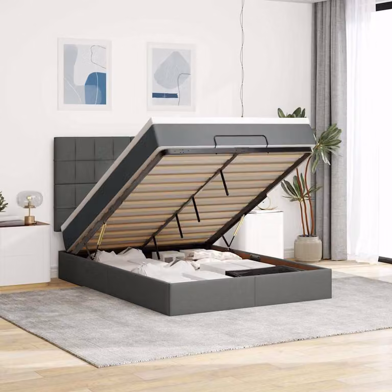 vidaXL Letto con Contenitore e Materasso in Tessuto, Colore Grigio e Bianco, L/P/H: 193 x 144 x 28 cm