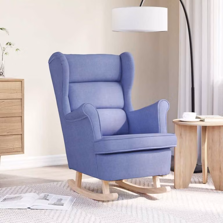 Sedia a dondolo vidaXL in tessuto blu con braccioli e struttura in legno, L: 74 cm, P: 90 cm, H: 102 cm