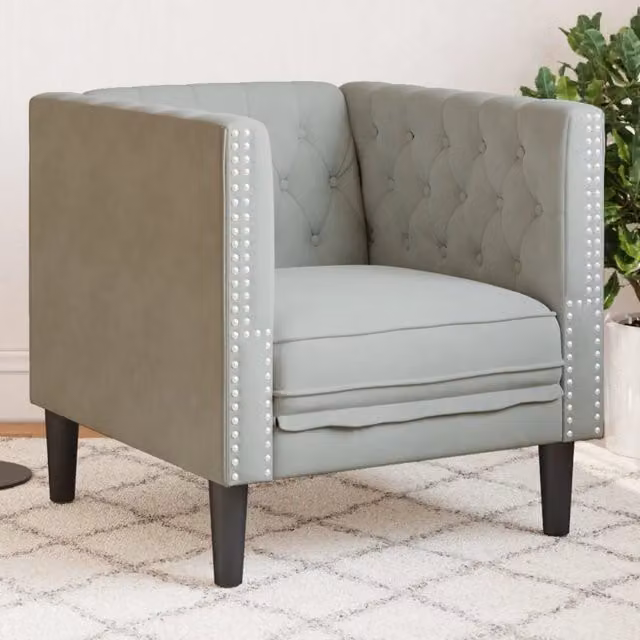 Poltrona Chesterfield in Velluto Grigio Chiaro con Braccioli e Struttura in Legno