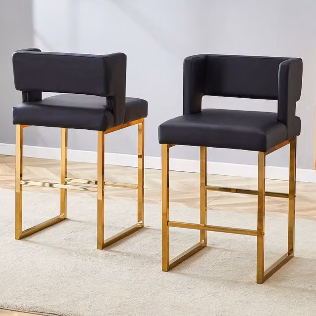Sgabello da bar MIVRAY con seduta quadrata imbottita in pelle PU nera e gambe in metallo oro, Altezza: 91,4 cm