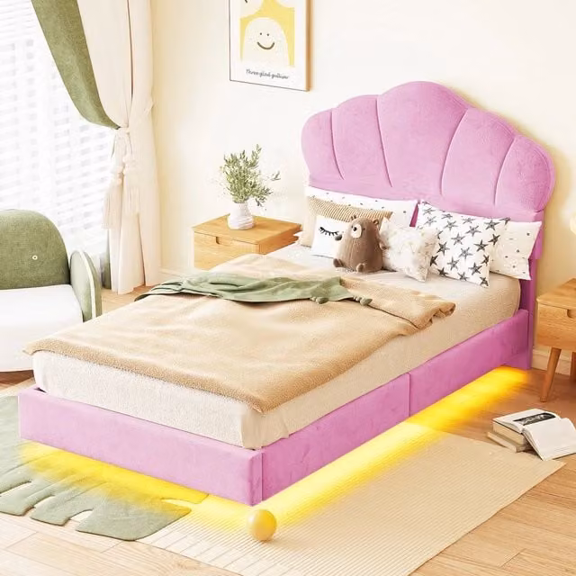 Letto imbottito per bambini Minimal in velluto rosa con testiera a nuvola e illuminazione LED L/P/H: 200 x 90 x 100 cm (senza materasso)