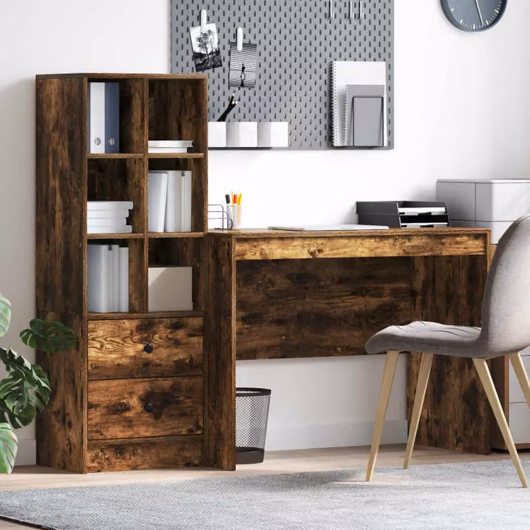Set di 2 Scrivanie moderne vidaXL in rovere fumé con scaffale, L: 145.5 cm, P: 50 cm, H: 127 cm