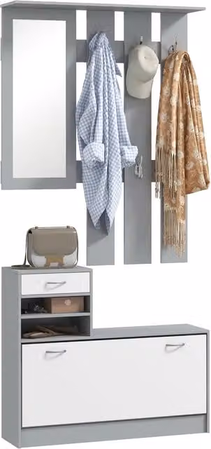 Mobile Guardaroba per Ingresso GIORDANOSHOP con Specchio, Scarpiera e Appendiabiti, Bianco e Grigio, L: 90 cm, P: 24 cm, H: 177 cm
