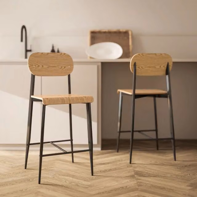 Set di 2 Sgabelli da Bar MINIMAL in Metallo e Legno Naturale, Colore Nero e Marrone, Altezza Seduta: 66 cm