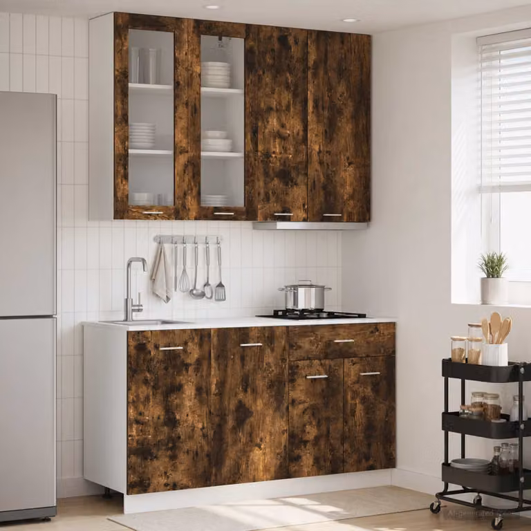 Set di mobili da cucina vidaXL LYON composto da 4 pezzi in legno ingegnerizzato color rovere fumo con ante in vetro e finitura opaca