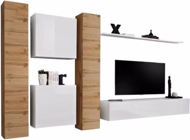 Composizione murale SWITCH VI Meublorama mobile TV sospeso bianco lucido e quercia Wotan per soggiorno L: 330 cm, H: 180 cm, P: 40 cm