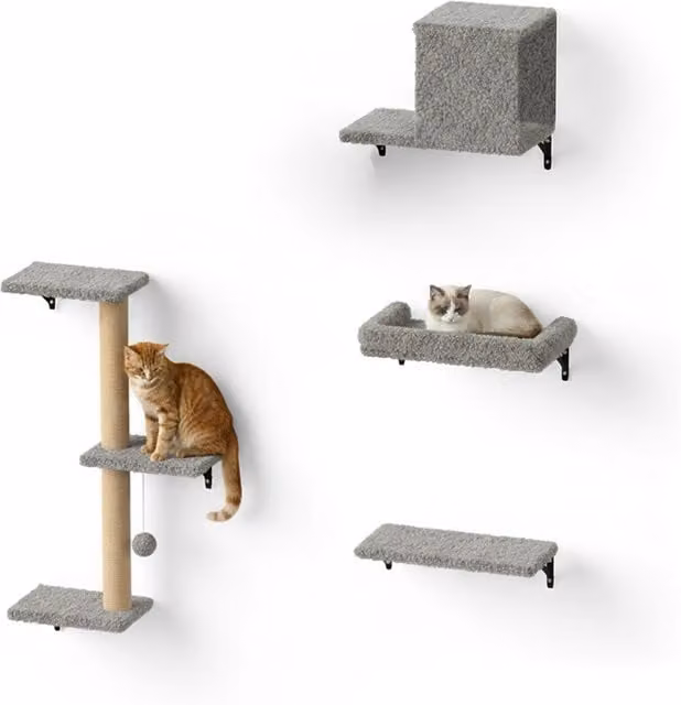 Parco Giochi Verticale da Parete per Gatti Puppy Lovers in Legno e Sisal Naturale, Colori Marrone e Grigio