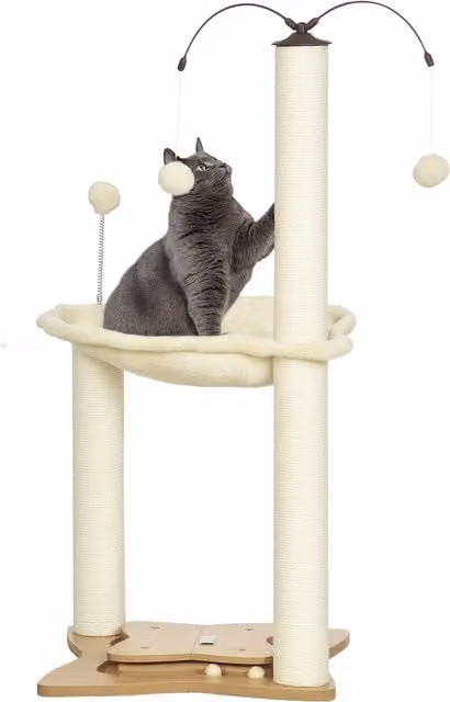 Albero Tiragraffi per Gatti PawHut Aosom con Amaca e Giochi Integrati, Pali in Sisal e Struttura in MDF, Beige, L 53.5 x P 53.5 x H 90 cm