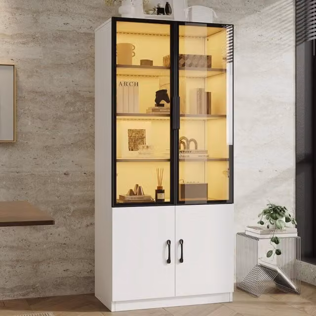 Vetrina Mivray moderna con ante in vetro fumé, illuminazione LED integrata e telaio in alluminio, colore bianco, L/P/H: 60 x 40 x 160 cm