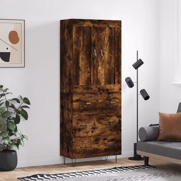 Credenza in stile industriale vidaXL in legno multistrato e metallo, colore Rovere Fumo, L: 69,5 cm, P: 34 cm, H: 180 cm