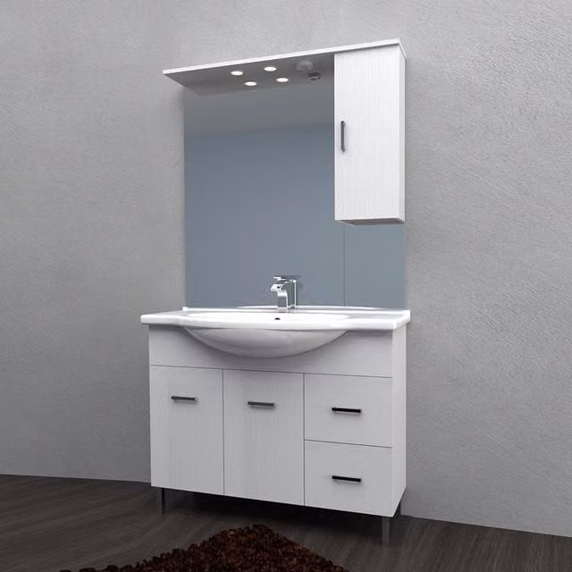 Mobile bagno Venice in larice bianco con lavabo e specchio con illuminazione LED H 190 x L 105 x P 50 cm