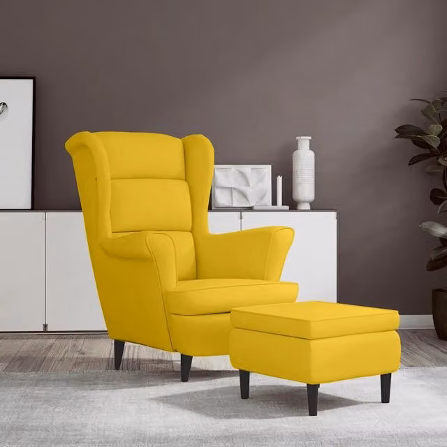 Poltrona Schienale ad Ala con Poggiapiedi vidaXL in Velluto Giallo Senape L: 96.5 cm, P: 78.0 cm, H: 90.0 cm