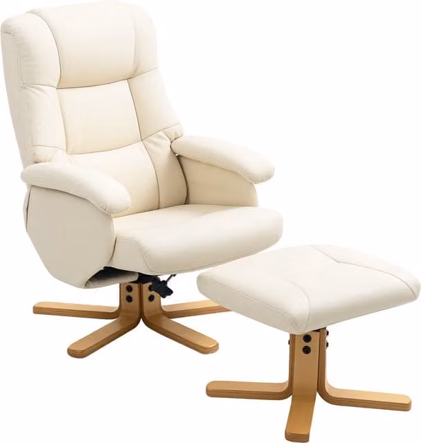 Poltrona Relax HOMCOM con Poggiapiedi, Sedia Reclinabile Girevole 360 in Faux Leather, L/P/H: 68 x 85 x 94 cm, Crema