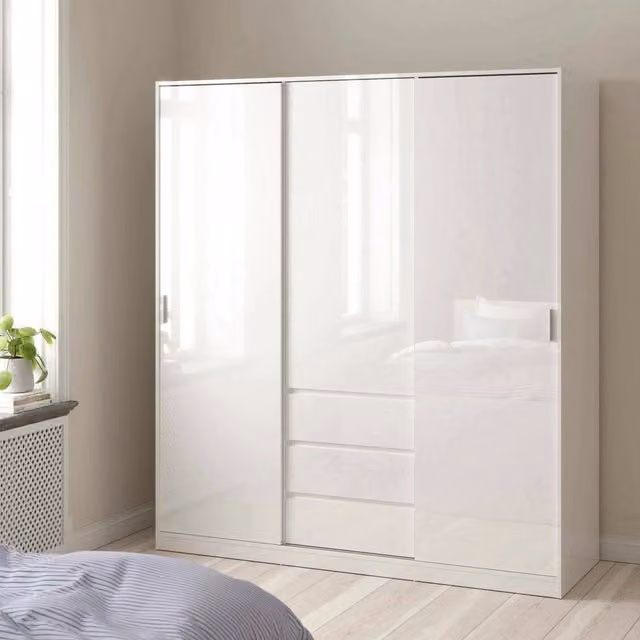 Armadio Mathieu DMORA con ante scorrevoli e cassetti interni, Bianco lucido, L: 177 cm, P: 60 cm, H: 200,4 cm