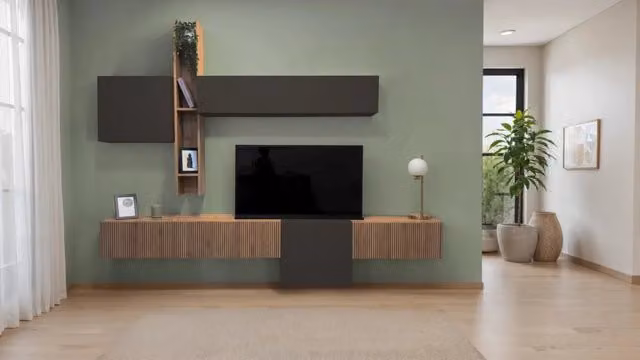 Parete Attrezzata Infinity G1 Redokasa con Cubi Appesi e Mensola, Colore Grigio Cannettato/Lava