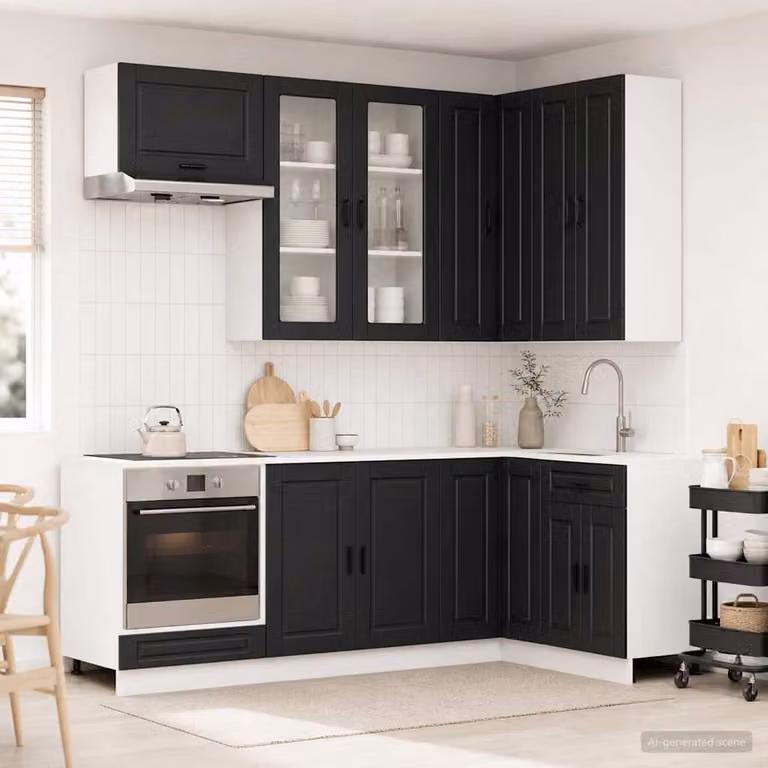 Unità Cucina Moderna vidaXL PORTO 8 Pezzi Nero con Ante in Vetro e Legno MDF