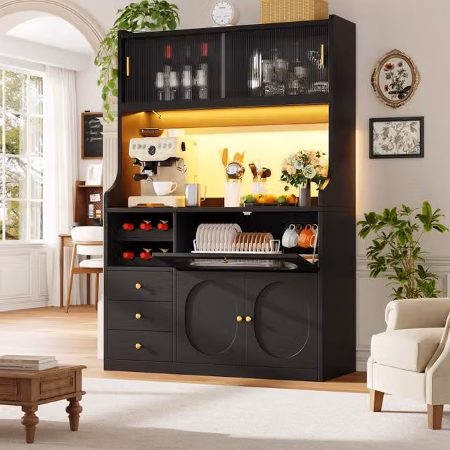 Mobile colonna da cucina Mivray nero con ante scorrevoli in vetro, illuminazione integrata, portabottiglie e cassetti L/P/H: 120 x 40 x 180 cm