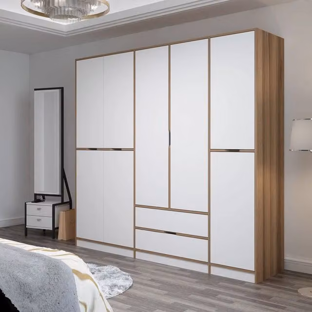 Armadio da camera da letto moderno DMORA con ante scorrevoli e cassetti integrati, Bianco e Marrone, L: 232 cm, H: 208 cm