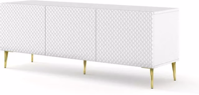 Mobile porta TV Ravenna C Diamond Bim Furniture in MDF Bianco Opaco con ante 3D e gambe Oro Lucido L: 149,7 cm, P: 41,8 cm, H: 55,8 cm