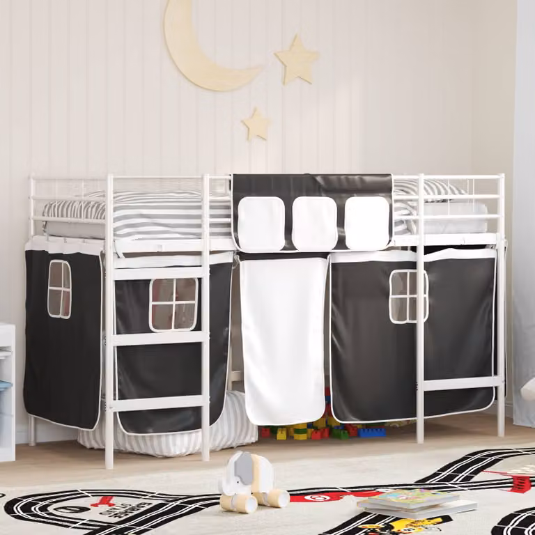 vidaXL Letto a castello per bambini in metallo con struttura a casetta Bianco e Nero L: 190 cm, P: 80 cm, H: 194 cm