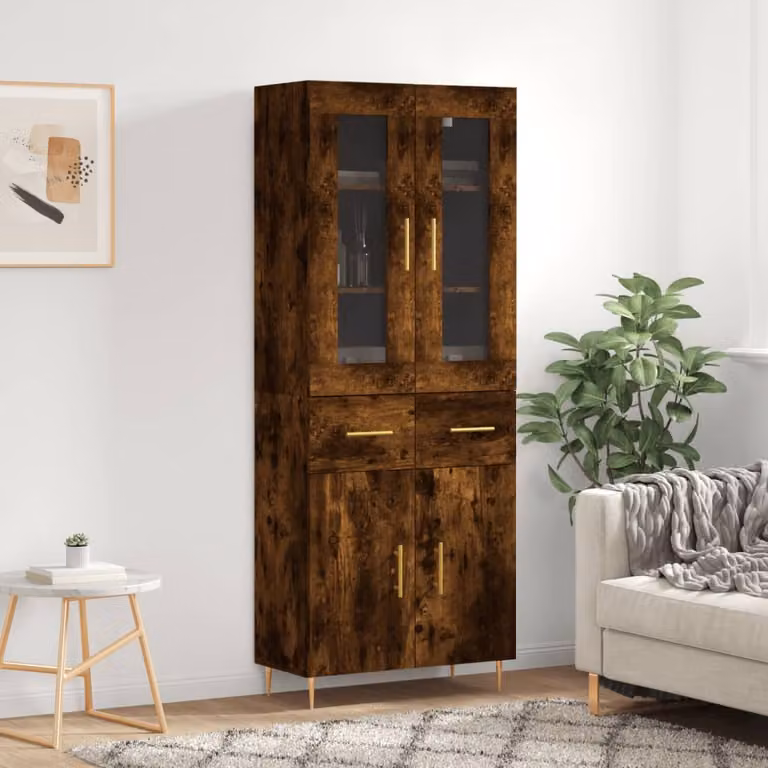 Credenza moderna vidaXL in legno rovere fumo con ante in vetro, L: 69,5 cm, P: 34 cm, H: 180 cm