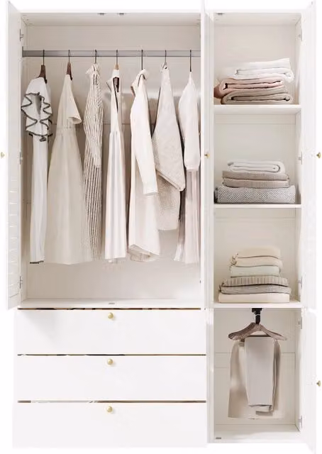 Armadio moderno per camera da letto con 3 ante, cassetti integrati, appendiabiti e portapantaloni, bianco e oro, L/P/H: 135 x 50 x 200 cm