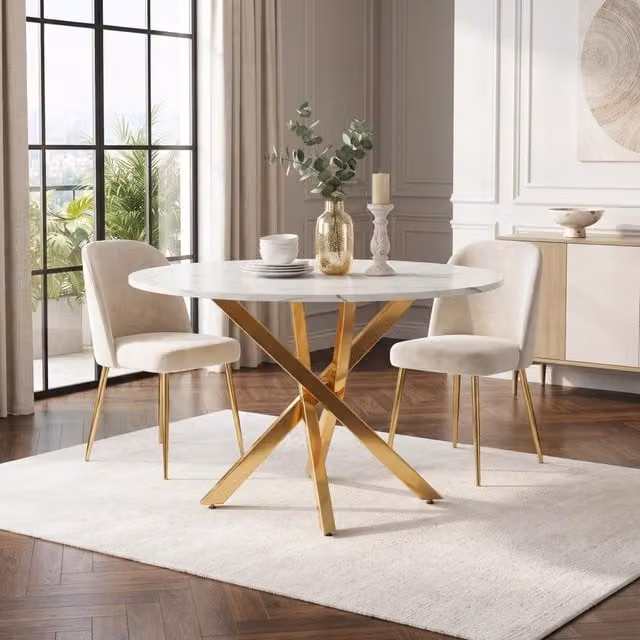 Tavolo rotondo moderno REDOM con piano bianco effetto marmo e gambe in metallo oro, Diametro: 80 cm, Altezza: 75 cm