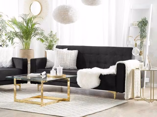 Divano letto Beliani moderno a 3 posti in velluto nero con gambe dorate e funzione click-clack per soggiorno L: 186 cm, P: 83 cm, H: 43 cm