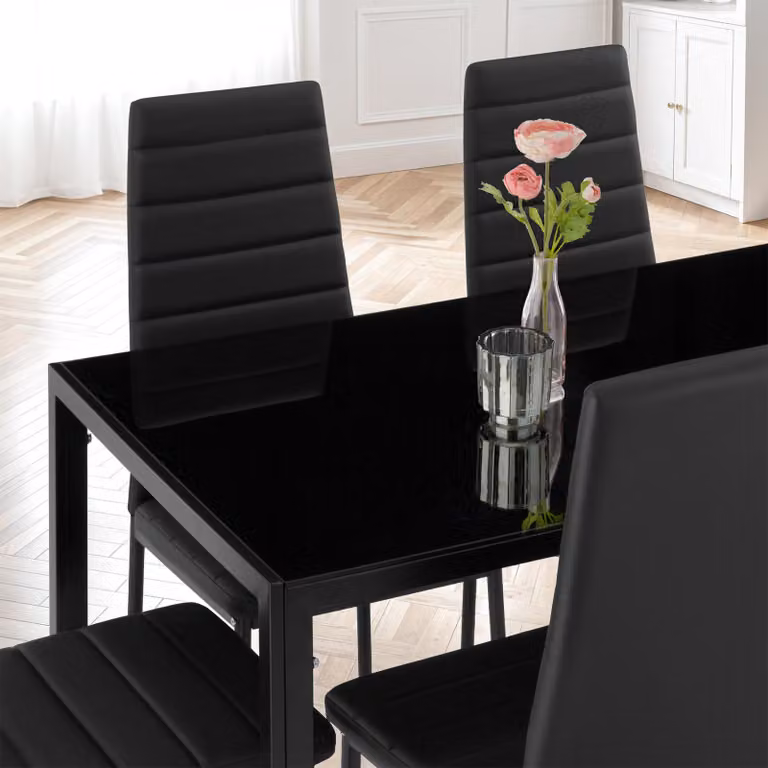 Set da pranzo moderno TecTake GmbH Brandenburg composto da tavolo rettangolare in vetro e 7 sedie, colore nero