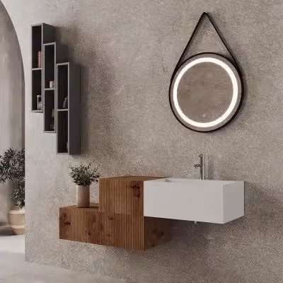 Mobile sospeso Tevere in rovere naturale con lavabo in resina e design cannettato, Larghezza: 100 cm
