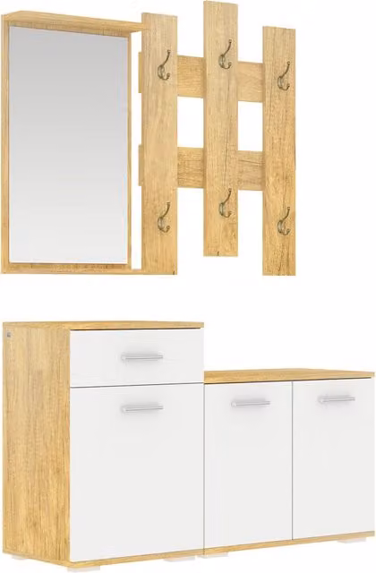 Set per Ingresso 3 in 1 Moderno con Appendiabiti a Muro, Specchio e Scarpiera con Panca in Legno Bianco Matt