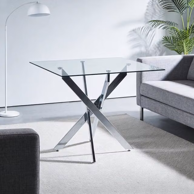 Tavolo da pranzo moderno Zephmum con piano in vetro trasparente e gambe a X in metallo argento L/P/H: 80 x 80 x 75 cm