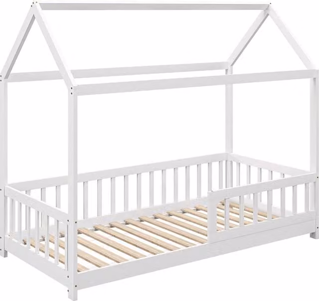 Letto per bambini HOMCOM a forma di casetta in legno di pino con doghe e recinzione di sicurezza, Colore Bianco, L: 195 cm, P: 96 cm, H: 165 cm